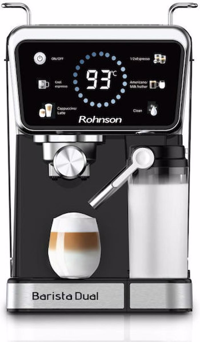 Rohnson MOD R-98082 Barista Dual Aftomati Mixani Espresso 1350W Piesis 20bar ga Cappuccino Mavri
