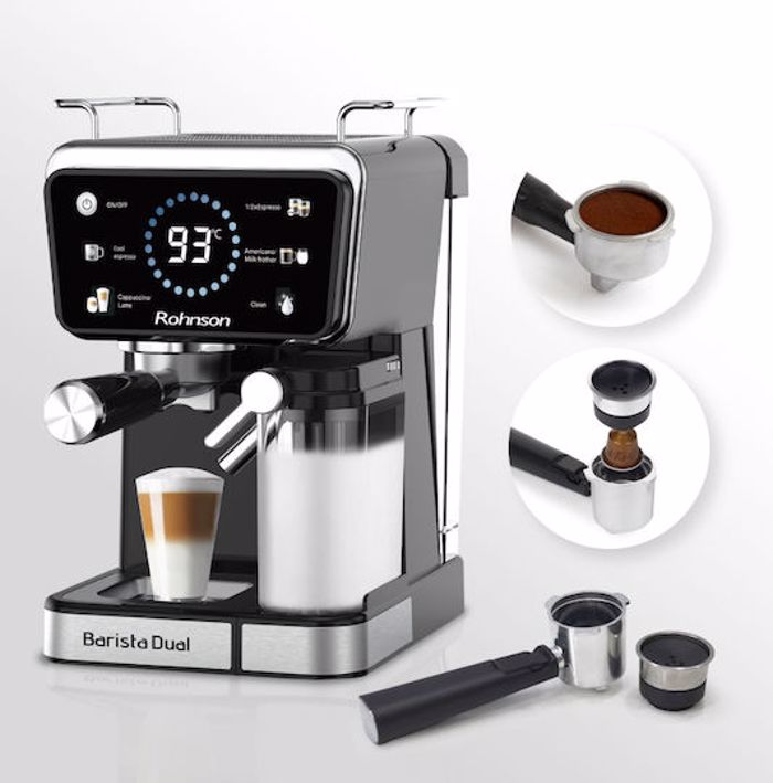Rohnson MOD R-98082 Barista Dual Aftomati Mixani Espresso 1350W Piesis 20bar ga Cappuccino Mavri