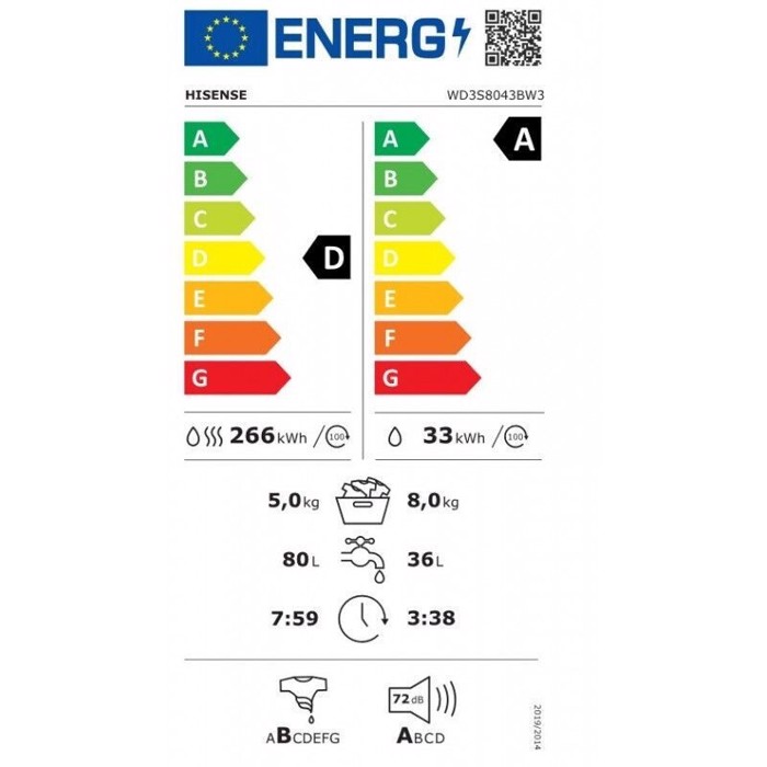 Hisense WD3S8043BW3 Pluntirio-Stegotirio Rouxon 8kg/5kg 1400 Strofes 5 ETIS EGuISI